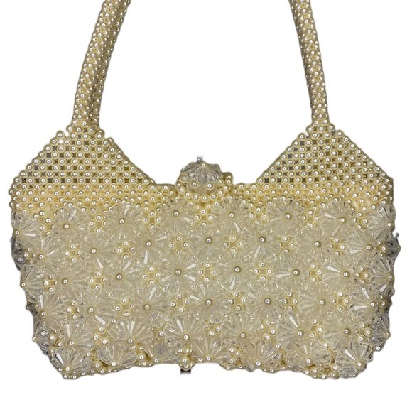 Vintage White Round and Clear Floral Beaded Double Handle Handbag Purse - Picture 3 of 9